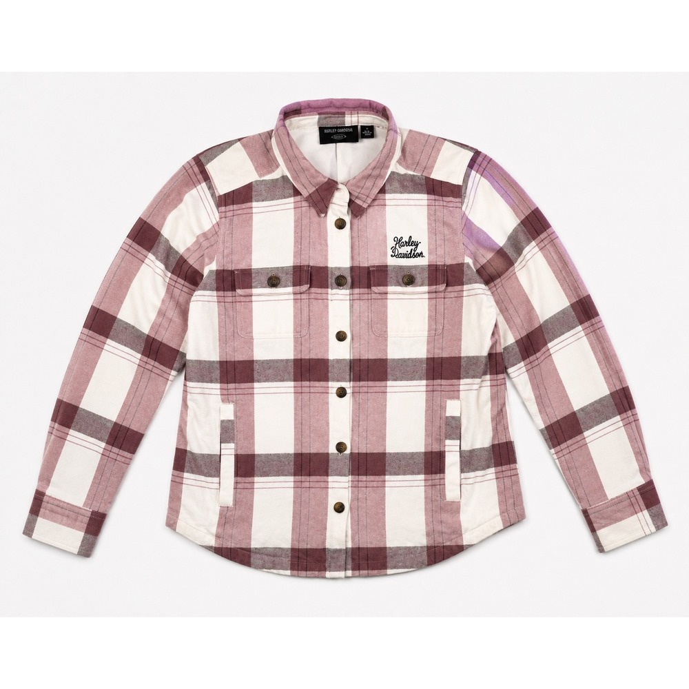 Harley-Davidson Womens XL Plaid Flannel Lined Shirt Rose Graphic Burgundy Cream